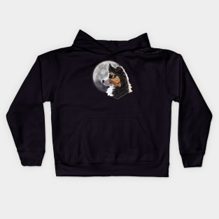 Tricolor Black Border Collie with Night Sky Full Moon Kids Hoodie